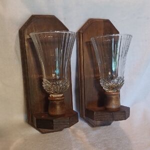 Home Interiors Wooden Sconce and Clear Candle Holders Set Of 2